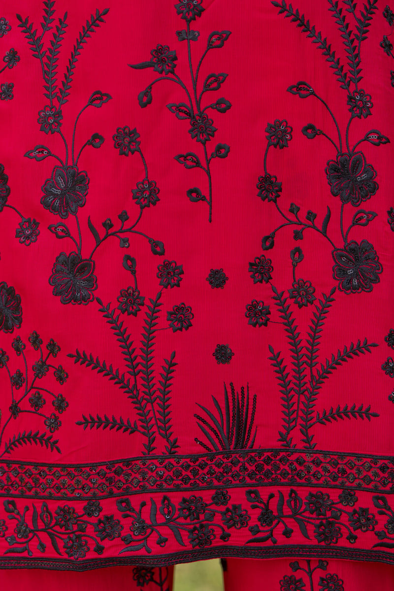 Deep Pink & Black Embroidered 3pc Raw Silk Suit – Ros3 by Gul Warun