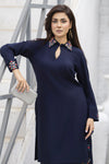 Zaiwa Navy Blue 2PC Ready to Wear Embroidered Linen Suit with Mirror Work LTZ7