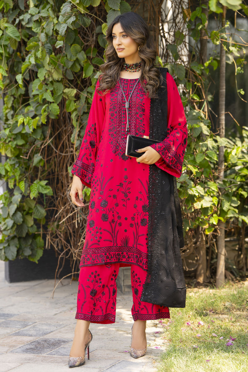 Deep Pink & Black Embroidered 3pc Raw Silk Suit – Ros3 by Gul Warun