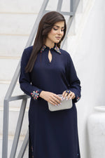 Zaiwa Navy Blue 2PC Ready to Wear Embroidered Linen Suit with Mirror Work LTZ7