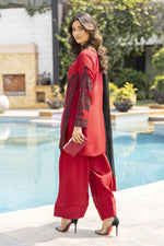 Ruby Red Embroidered 3pc Short Shirt & Farshi Shalwar Set – Ros6 by Gul Warun