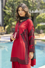 Ruby Red Embroidered 3pc Short Shirt & Farshi Shalwar Set – Ros6 by Gul Warun