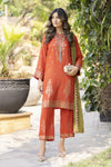 Rust Orange Embroidered 3pc Raw Silk Suit with Olive Dupatta – Ros7 by Gul Warun