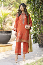 Rust Orange Embroidered 3pc Raw Silk Suit with Olive Dupatta – Ros7 by Gul Warun