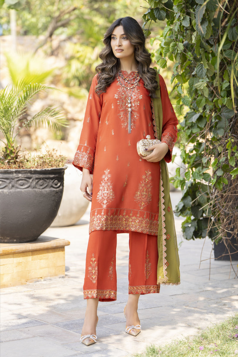 Rust Orange Embroidered 3pc Raw Silk Suit with Olive Dupatta – Ros7 by Gul Warun
