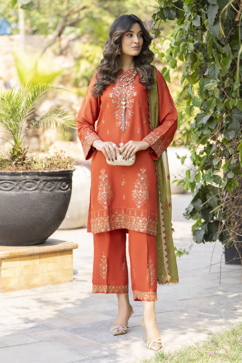 Rust Orange Embroidered 3pc Raw Silk Suit with Olive Dupatta – Ros7 by Gul Warun