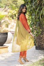Rust Orange Embroidered 3pc Raw Silk Suit with Olive Dupatta – Ros7 by Gul Warun