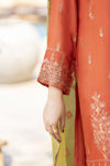 Rust Orange Embroidered 3pc Raw Silk Suit with Olive Dupatta – Ros7 by Gul Warun