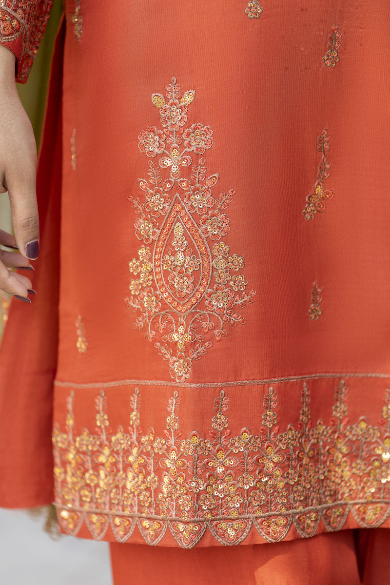 Rust Orange Embroidered 3pc Raw Silk Suit with Olive Dupatta – Ros7 by Gul Warun