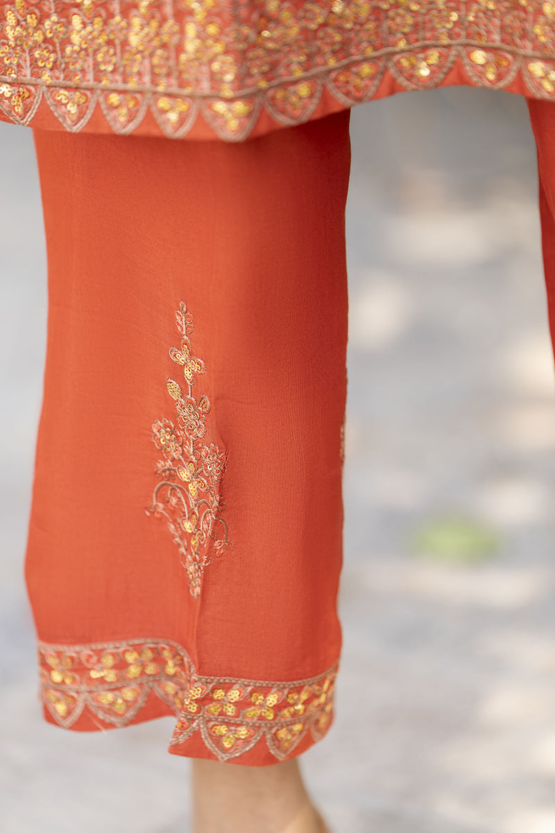 Rust Orange Embroidered 3pc Raw Silk Suit with Olive Dupatta – Ros7 by Gul Warun