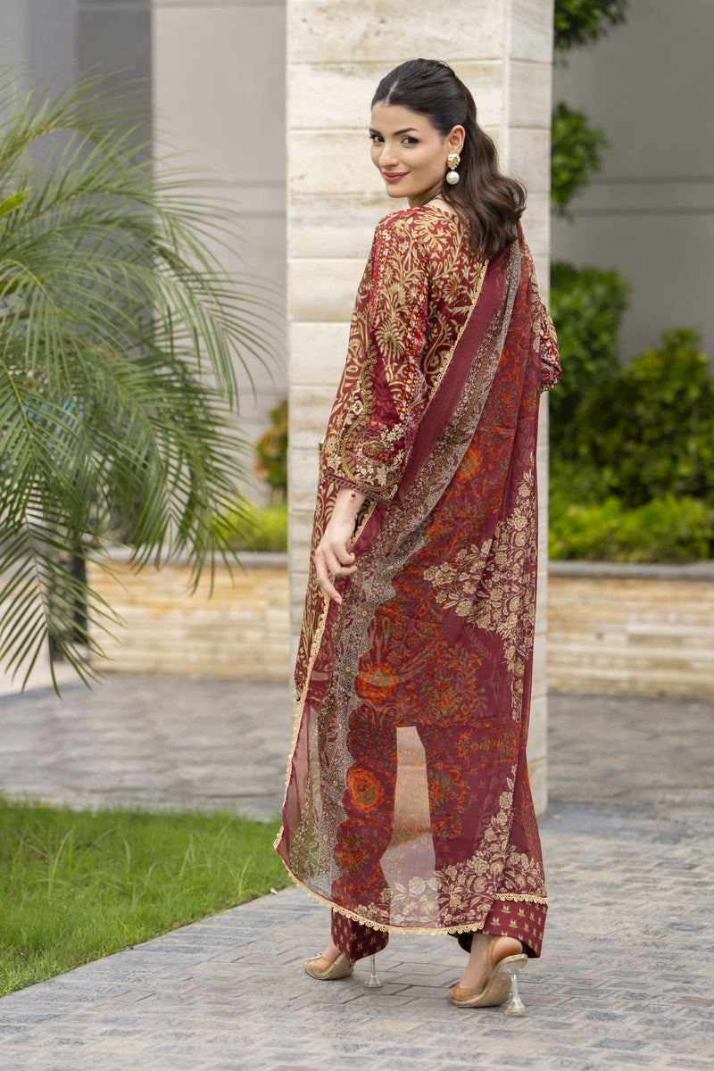 Sakeena Summer Ease – 3pc Maroon Lawn Dress with Chiffon Dupatta SSE2
