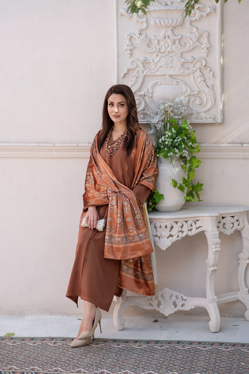 velvet linen dress ZS6 Serah by Zaina 3pc with Printed Shawl – The Zaibai size_name:Medium down front with modest 3D FLOWER Flutter Sleeves Navy Blue