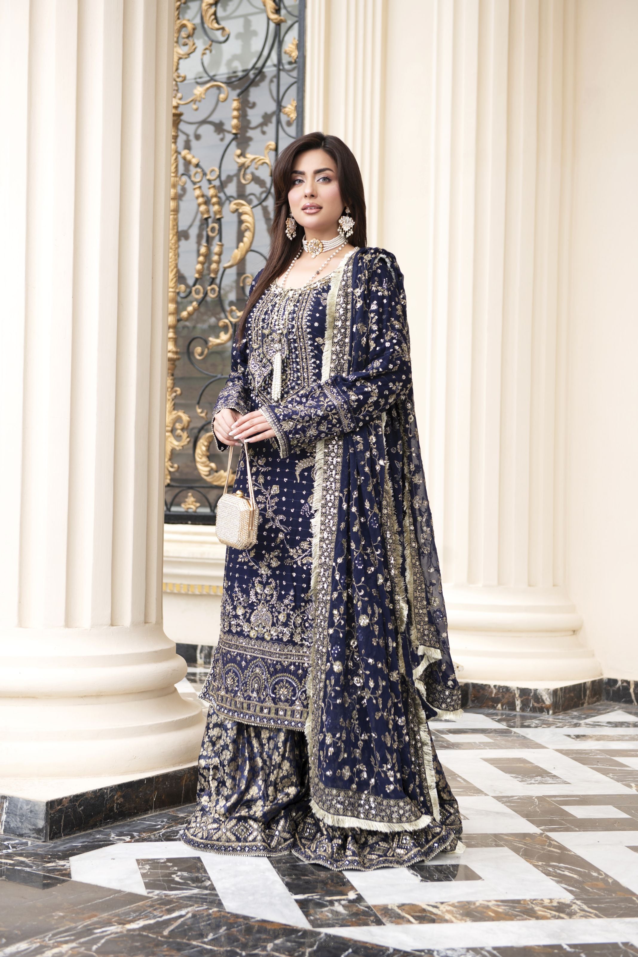 Sitara by Silver – 3pc Chiffon Handworked Dress with Brocade Sharara S – The Zaibai