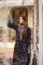 Black 3PC Embroidered Cotton Suit with Organza Dupatta by MONA AX32