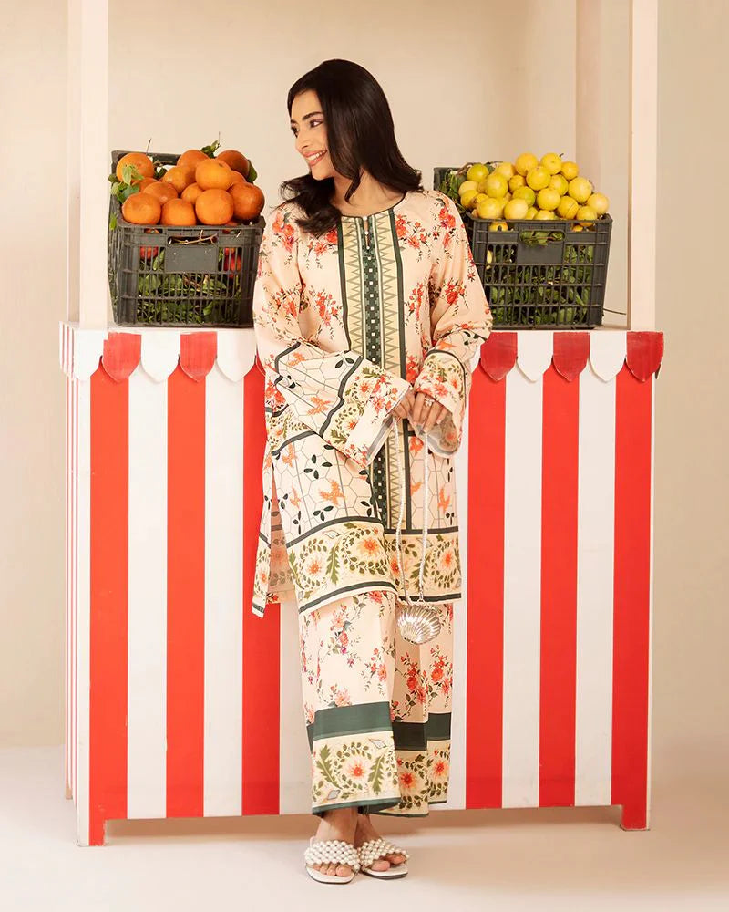 Everyday Luxe by Mona – Cream & Green Floral Silk Lawn 2pc Co-Ord Set | MES9