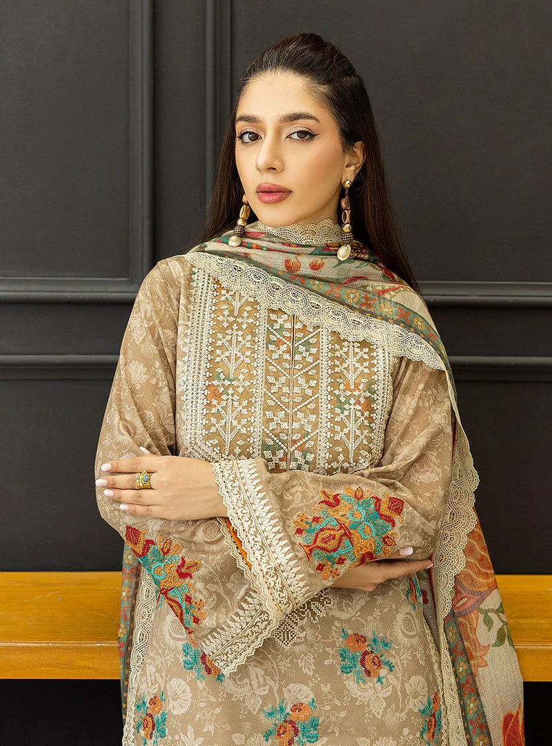 Aymah – Stitched Light Brown Embroidered Lawn 3pc Suit by Zainab Chottani – ZCTL3
