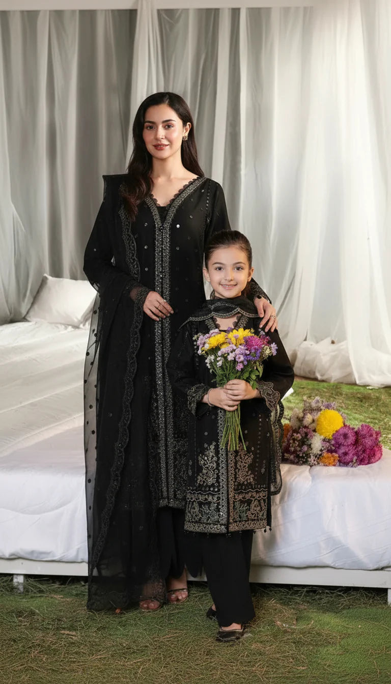 black dresses for eid Hania's Twinning Charm by Mona – Chikankari Jacquard Sharara – The Zaibai Slim Ribbed Long Sleeve bridal wedding gown with slit Size:USA 10 (L)/42 in.(107 cm)Garment Chest
