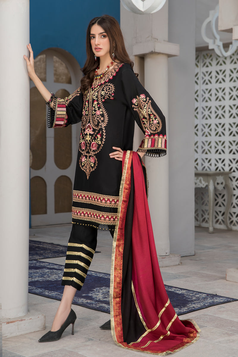 Winter Ready to Wear 3pc Embroidered Dress in Linen with wool shawl 09