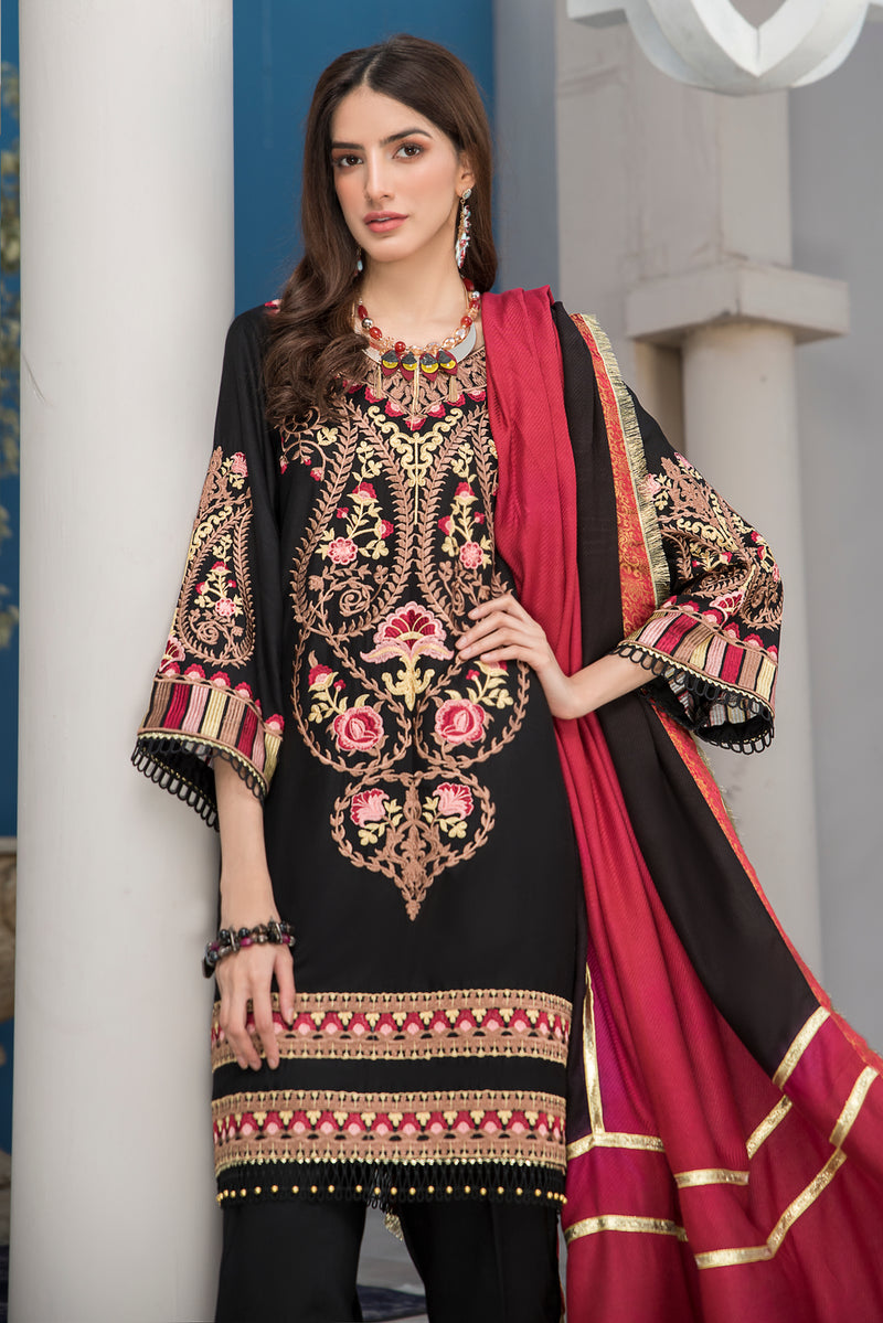 Winter Ready to Wear 3pc Embroidered Dress in Linen with wool shawl 09