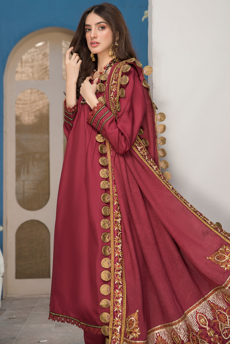 Winter Ready to Wear 3pc Embroidered Dress in Linen with wool shawl 03