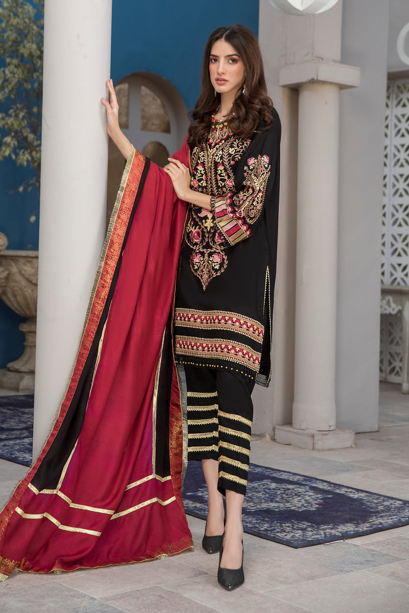 Winter Ready to Wear 3pc Embroidered Dress in Linen with wool shawl 09