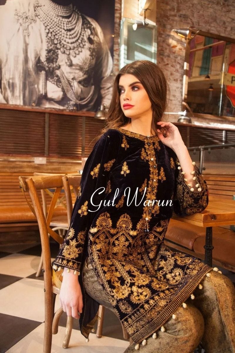 Blue Luxe 2 Pcs Luxury Velvet Dress By Gulwarun The Zaibai Blue Luxe 2 Pcs Luxury Velvet Dress By Gulwarun The Zaibai