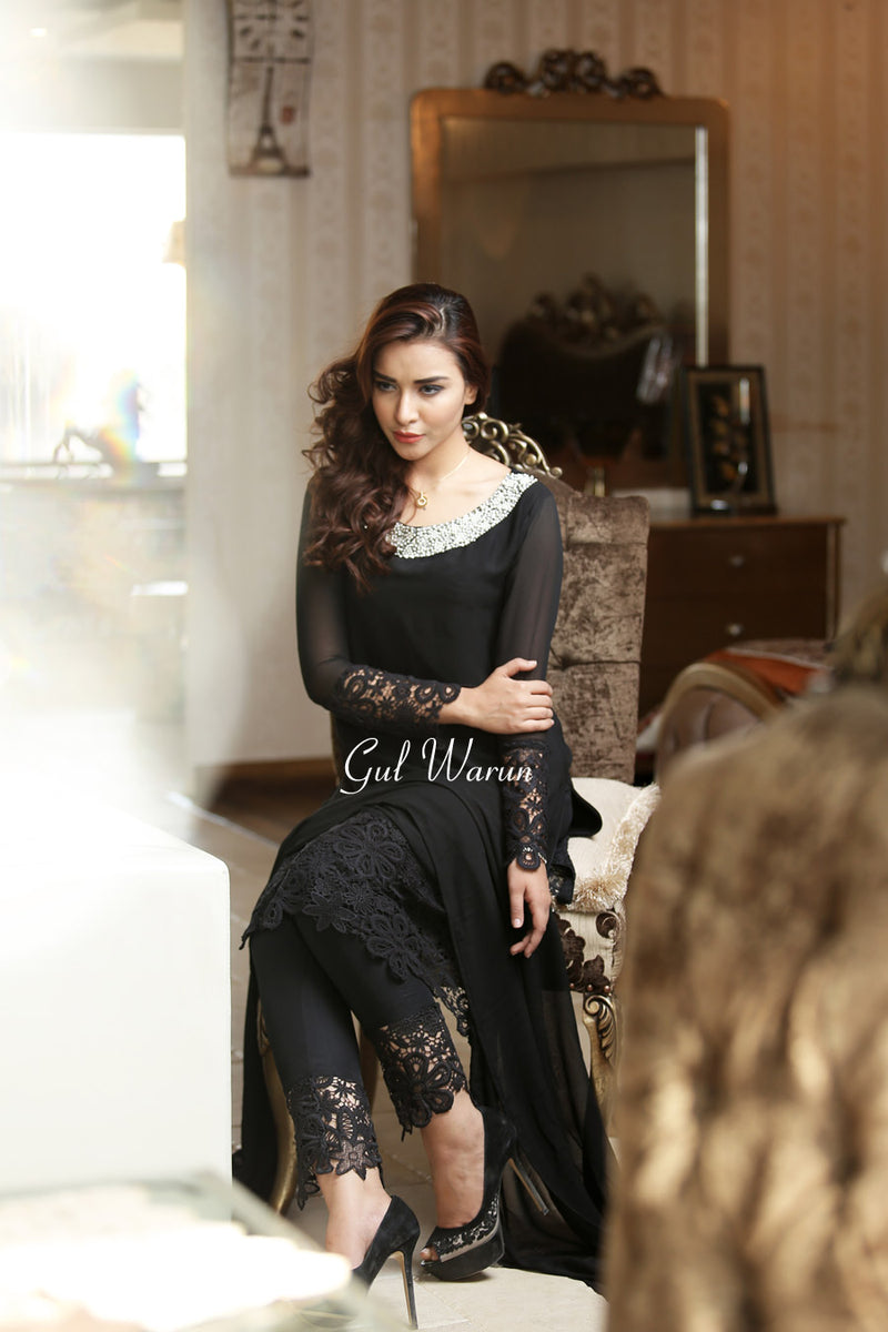Black Lace Work Chiffon Dress by Gul Warun GW30 The Zaibai Black Lace Work Chiffon Dress by Gul Warun GW30 The Zaibai